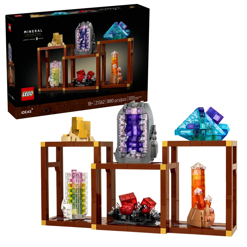 LEGO Ideas Colección de Minerales 21362 con 6 minerales construidos (pirita dorada, amatista púrpura, fluorita azul, turmalina sandía, rodocrosita rosa y cuarzo mandarina) expuestos en módulos construibles sobre fondo blanco
