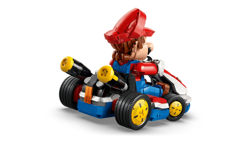 LEGO Mario Kart 72037 vista lateral mostrando kart rojo con ruedas amarillas y detalles técnicos
