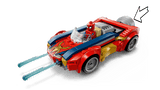 LEGO Marvel 76336 coche Spider-Man rojo azul dorado con cañones frontales y cabina transparente

