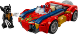 LEGO Marvel 76336 coche Spider-Man vista lateral con Lobezno Venomizado, gatillo disparo y cañones
