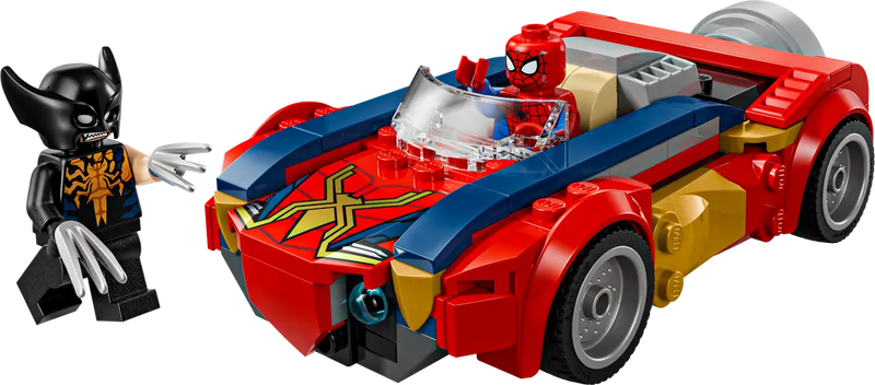LEGO Marvel 76336 coche Spider-Man vista lateral con Lobezno Venomizado, gatillo disparo y cañones
