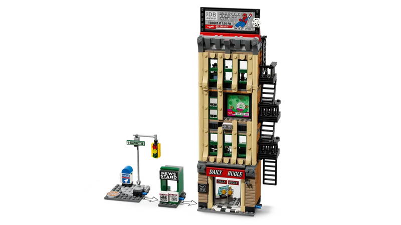 LEGO Marvel 76342 edificio Daily Bugle beige 33cm alto con escalera incendios, valla publicitaria
