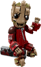 LEGO Marvel Groot 76341 vista detallada traje Saqueador rojo, cabeza madera, ojos grandes y detonador
