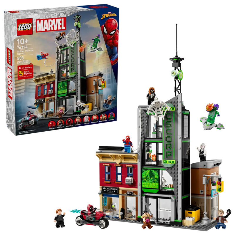 LEGO Marvel Spider-Man vs. Oscorp 76324 - Escena urbana de 808 piezas con 3 edificios, 8 minifiguras y vehículos incluidos
