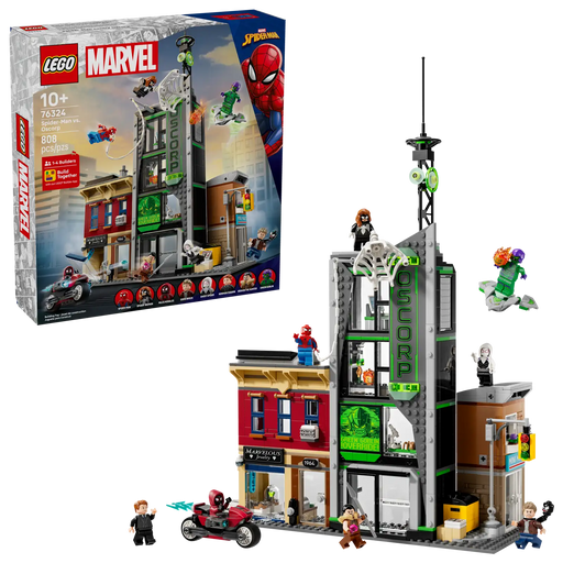 LEGO Marvel Spider-Man vs. Oscorp 76324 - Escena urbana de 808 piezas con 3 edificios, 8 minifiguras y vehículos incluidos
