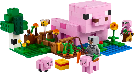 LEGO Minecraft 21268 Casa-Cerdo Bebé construida mostrando la casa con forma de cerdo con interior equipado (mesa de trabajo, cama, librería), campo con entrada para el cerdo bebé, huerto de verduras y personajes incluidos. Set de construcción de 238 piezas de 8x19x16 cm basado en el videojuego Minecraft.
