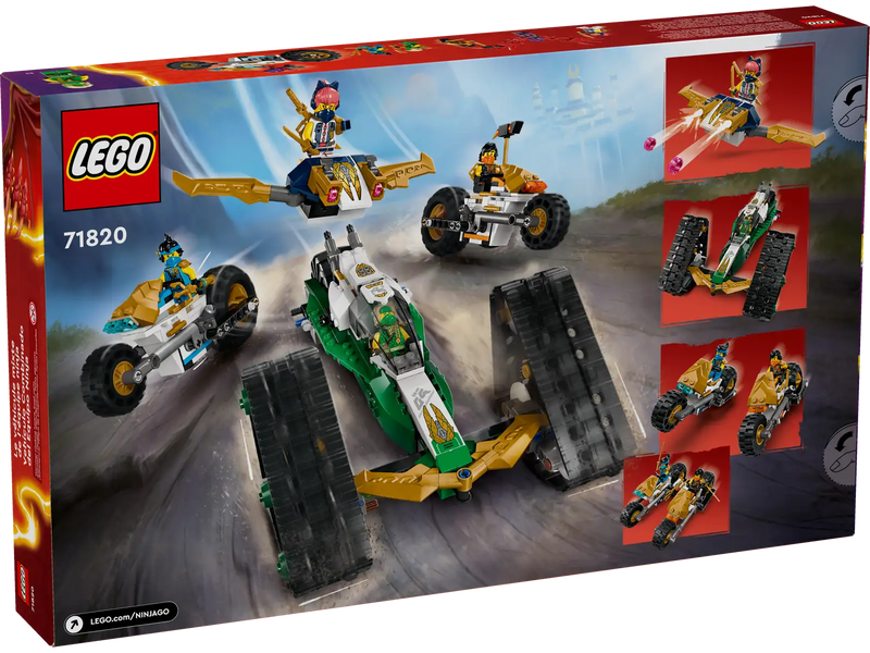 LEGO NINJAGO 71820 con ninja Sora Lloyd Nya Cole y enemigos Máscara de Lobo para batallas épicas transformables
