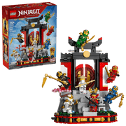 LEGO Ninjago 71866 monasterio con base exposición, puertas abiertas, farol piedra y salón té trasero
