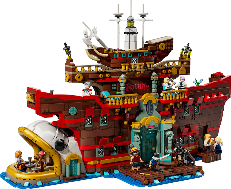 LEGO ONE PIECE Baratie 75640 construido mostrando restaurante flotante de 54cm con cocina, comedor, camarote de Zeff, sala del tesoro y detalles gastronómicos auténticos
