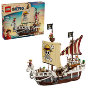 LEGO ONE PIECE Barco Pirata Going Merry 75639 caja mostrando carabela completa con mascarón de carnero, mástiles, velas y 5 minifiguras de la Banda del Sombrero de Paja
