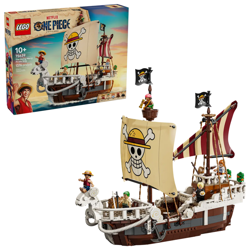 LEGO ONE PIECE Barco Pirata Going Merry 75639 caja mostrando carabela completa con mascarón de carnero, mástiles, velas y 5 minifiguras de la Banda del Sombrero de Paja
