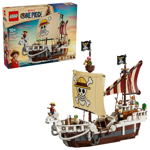 LEGO ONE PIECE Barco Pirata Going Merry 75639 caja mostrando carabela completa con mascarón de carnero, mástiles, velas y 5 minifiguras de la Banda del Sombrero de Paja

