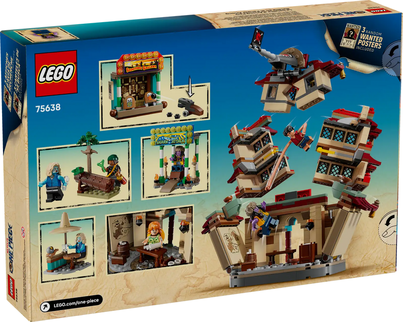LEGO ONE PIECE Batalla Arlong Park 75638 vista completa con caja Netflix y set construido mostrando enfrentamiento épico entre piratas con 926 piezas interactivas
