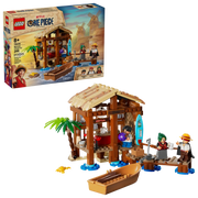 LEGO ONE PIECE Cabaña del Pueblo Molino 75636 construida mostrando establecimiento de playa con techo removible, embarcadero, bote pirata y minifiguras de personajes anime
