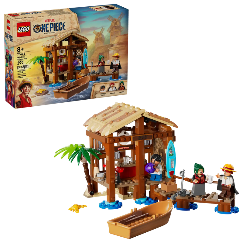 LEGO ONE PIECE Cabaña del Pueblo Molino 75636 construida mostrando establecimiento de playa con techo removible, embarcadero, bote pirata y minifiguras de personajes anime
