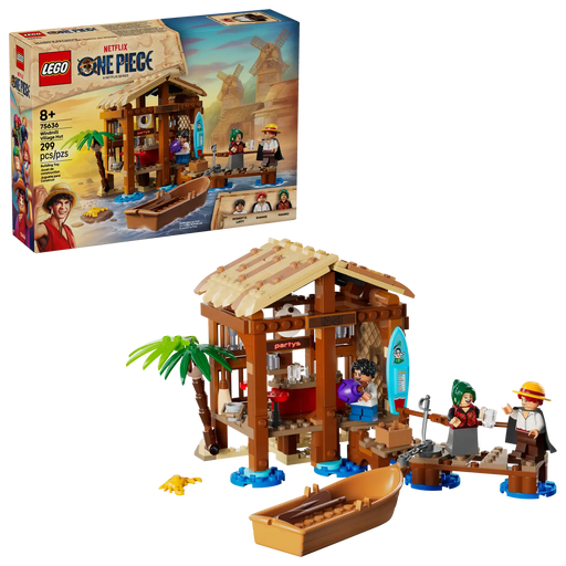 LEGO ONE PIECE Cabaña del Pueblo Molino 75636 construida mostrando establecimiento de playa con techo removible, embarcadero, bote pirata y minifiguras de personajes anime
