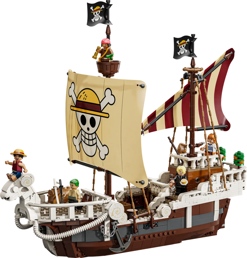 LEGO ONE PIECE Going Merry 75639 construido mostrando barco de 39cm con espacios interiores, cocina de Sanji, camarote, timón de Nami y detalles auténticos del anime
