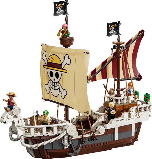 LEGO ONE PIECE Going Merry 75639 construido mostrando barco de 39cm con espacios interiores, cocina de Sanji, camarote, timón de Nami y detalles auténticos del anime
