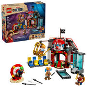 LEGO ONE PIECE set 75637 con caja Netflix y carpa de circo construida mostrando Buggy el Payaso, Luffy, Zoro, Nami en escena circense con trampas y accesorios
