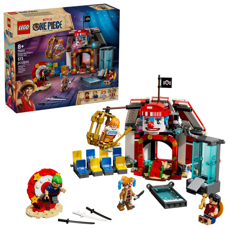 LEGO ONE PIECE set 75637 con caja Netflix y carpa de circo construida mostrando Buggy el Payaso, Luffy, Zoro, Nami en escena circense con trampas y accesorios
