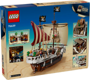 LEGO ONE PIECE set 75639 vista completa con caja Netflix y Going Merry construido mostrando 1376 piezas, Luffy en mascarón de proa y tripulación completa
