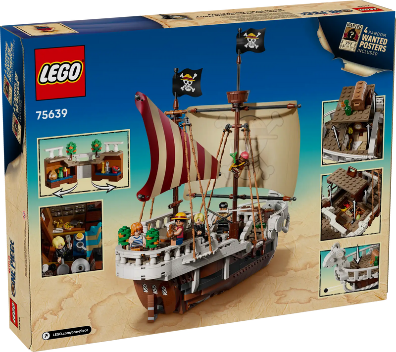 LEGO ONE PIECE set 75639 vista completa con caja Netflix y Going Merry construido mostrando 1376 piezas, Luffy en mascarón de proa y tripulación completa
