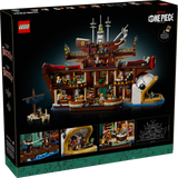 LEGO ONE PIECE set 75640 vista completa con caja Netflix y Restaurante Baratie construido mostrando 3402 piezas, barco de Mihawk y caracol de comunicaciones
