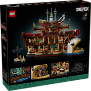 LEGO ONE PIECE set 75640 vista completa con caja Netflix y Restaurante Baratie construido mostrando 3402 piezas, barco de Mihawk y caracol de comunicaciones

