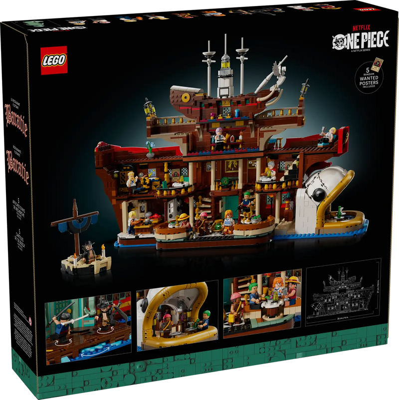 LEGO ONE PIECE set 75640 vista completa con caja Netflix y Restaurante Baratie construido mostrando 3402 piezas, barco de Mihawk y caracol de comunicaciones
