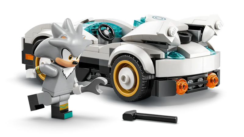 LEGO Sonic 77118 coche Silver blanco gris con alerones turquesa, ruedas doradas y minifigura Silver
