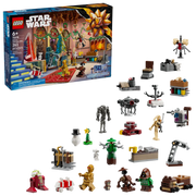 LEGO Star Wars 75418 vista completa con caja negra Disney, personajes WALL-E y EVE construidos, y componentes del taller de droides de Babu Frik para calendario de Adviento
