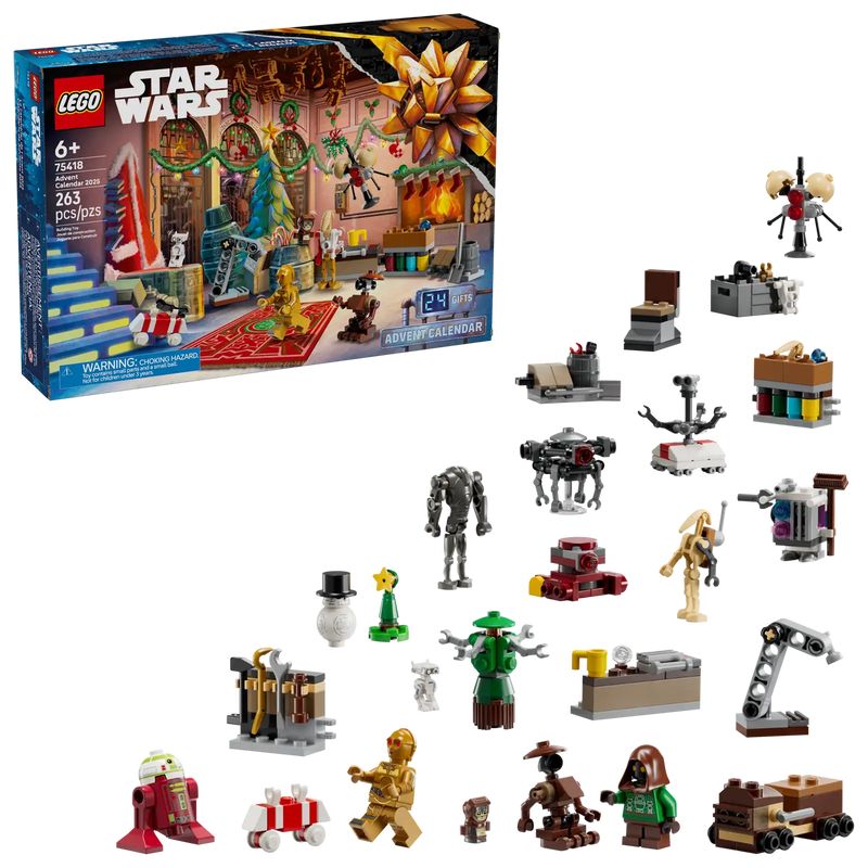 LEGO Star Wars 75418 vista completa con caja negra Disney, personajes WALL-E y EVE construidos, y componentes del taller de droides de Babu Frik para calendario de Adviento
