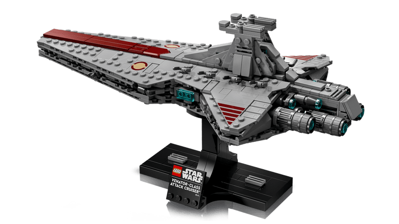 LEGO Star Wars 75441 Crucero Venator vista lateral con torre mando, motores y hangar descubrible
