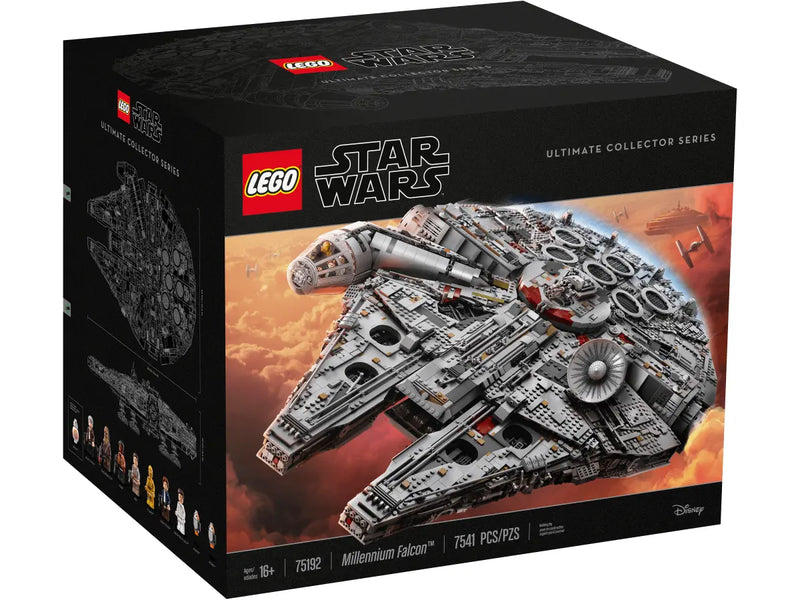 LEGO Star Wars Millennium Falcon 75192 completo con 7541 piezas y 8 minifiguras sobre fondo blanco