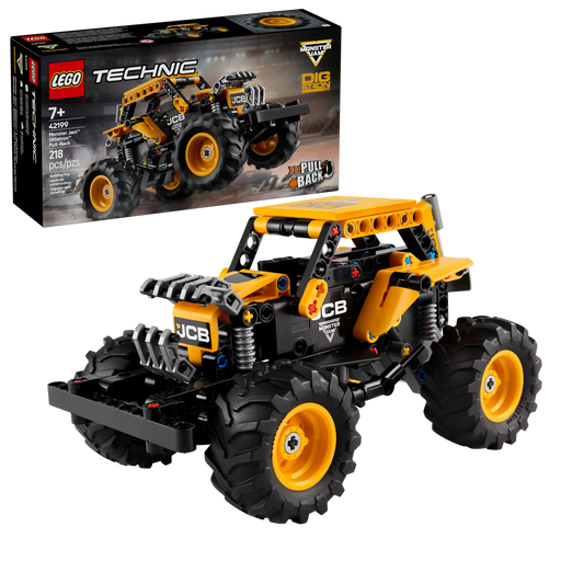 LEGO Technic Monster Jam DIGatron 42199 - Vista frontal del camión monstruo con pala excavadora amarilla y neumáticos gigantes sobre fondo blanco
