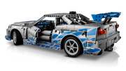 LEGO Technic Skyline GT-R 42210 vista trasera con alerón ajustable y decoración azul plateada
