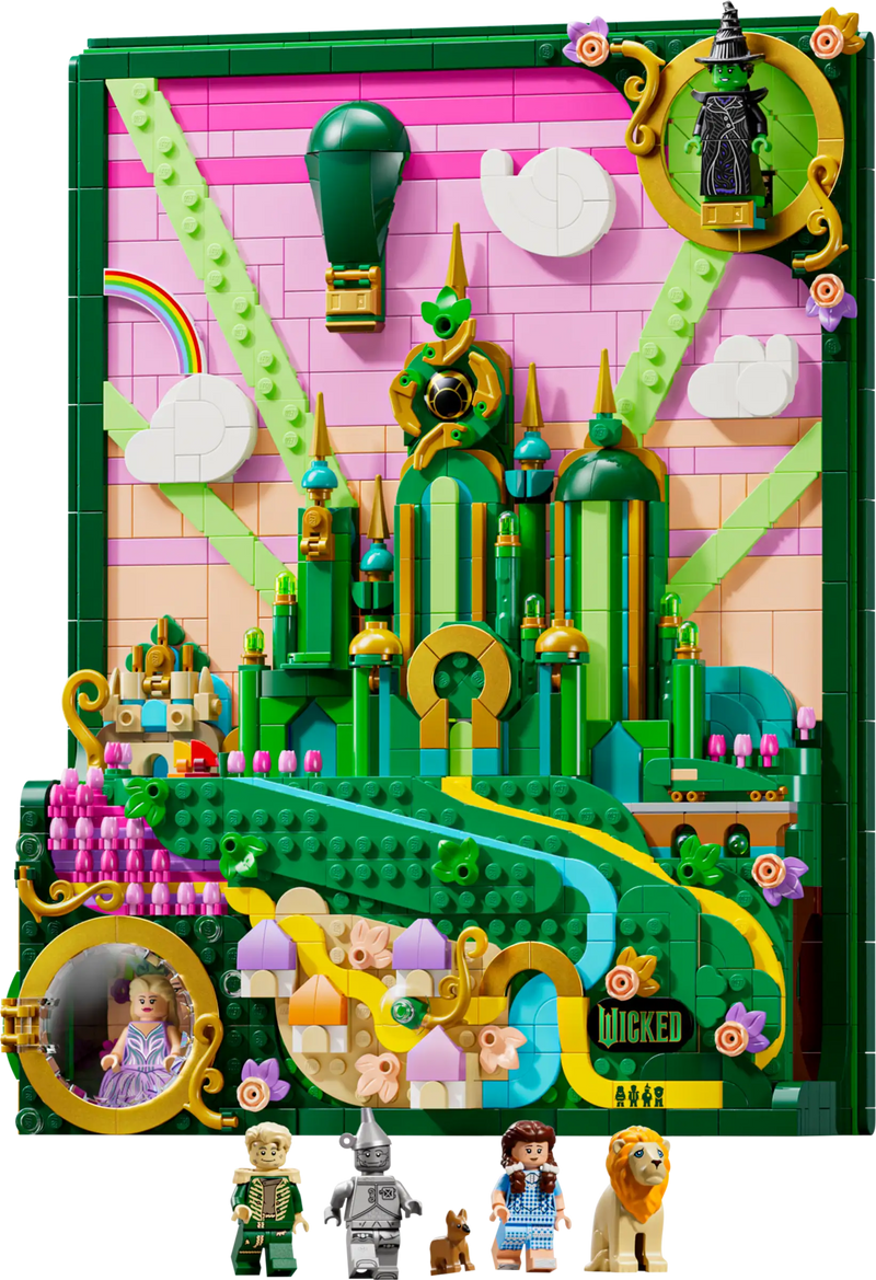 LEGO Wicked Arte Mural Emerald City 75685 mostrando la ciudad esmeralda en colores verde, rosa y amarillo con Elphaba volando y Glinda en su burbuja sobre paisaje 3D de Oz
