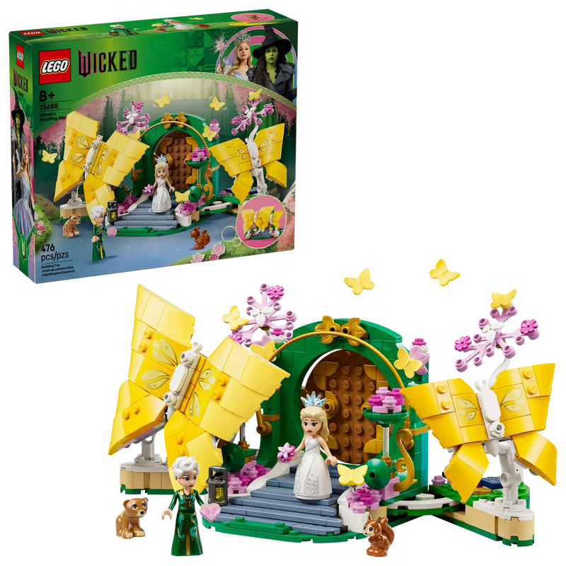 LEGO Wicked Boda de Glinda 75688 con mariposas articuladas cerradas mostrando el diseño decorativo completo del set de 476 piezas para mayores de 8 años
