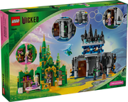 LEGO Wicked Emerald City y Castillo de Kiamo Ko 75689 mostrando ambas construcciones con minifiguras de Glinda y Elphaba, mono volador y arcoíris construible sobre fondo blanco
