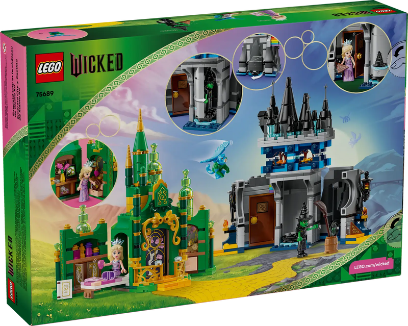 LEGO Wicked Emerald City y Castillo de Kiamo Ko 75689 mostrando ambas construcciones con minifiguras de Glinda y Elphaba, mono volador y arcoíris construible sobre fondo blanco
