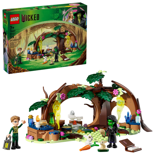 LEGO Wicked Guarida de Elphaba 75687 mostrando refugio del bosque construible con chimenea, escritorio, elementos florales y follaje, minifiguras de Elphaba y Fiyero con conejos del bosque
