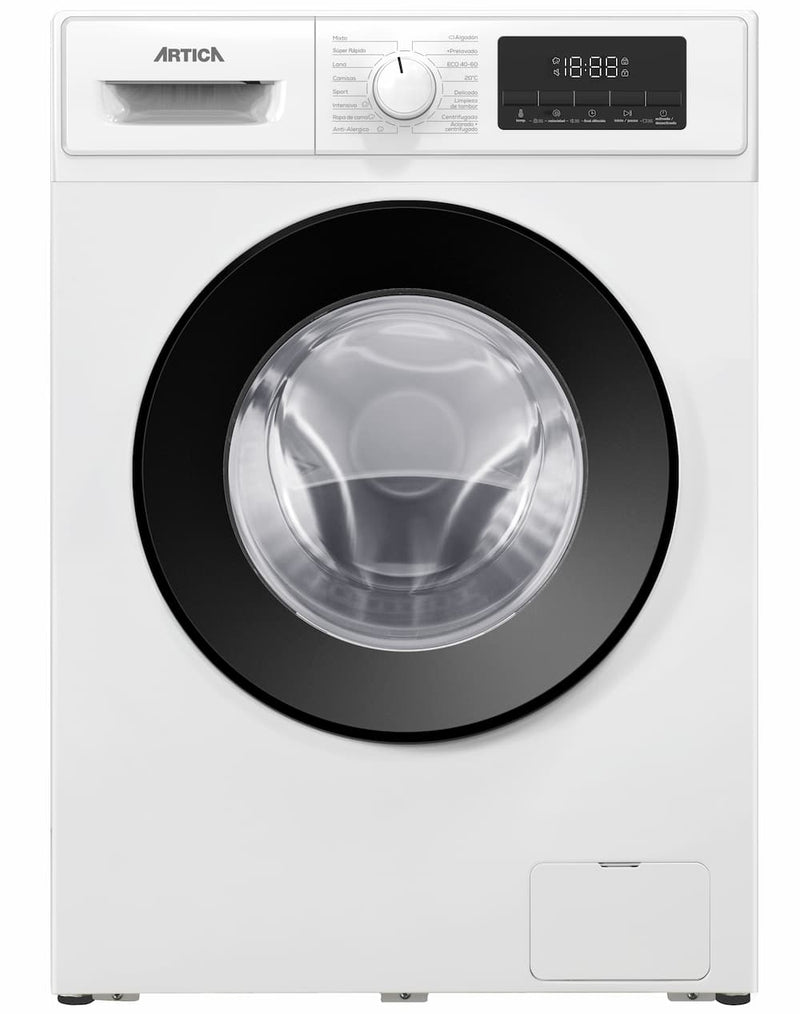 Lavadora ARTICA AL10K1430A de carga frontal blanca con capacidad de 10 kg y 1400 rpm, panel de control digital con mandos giratorios y táctiles, clase energética A-10% para máximo ahorro energético
