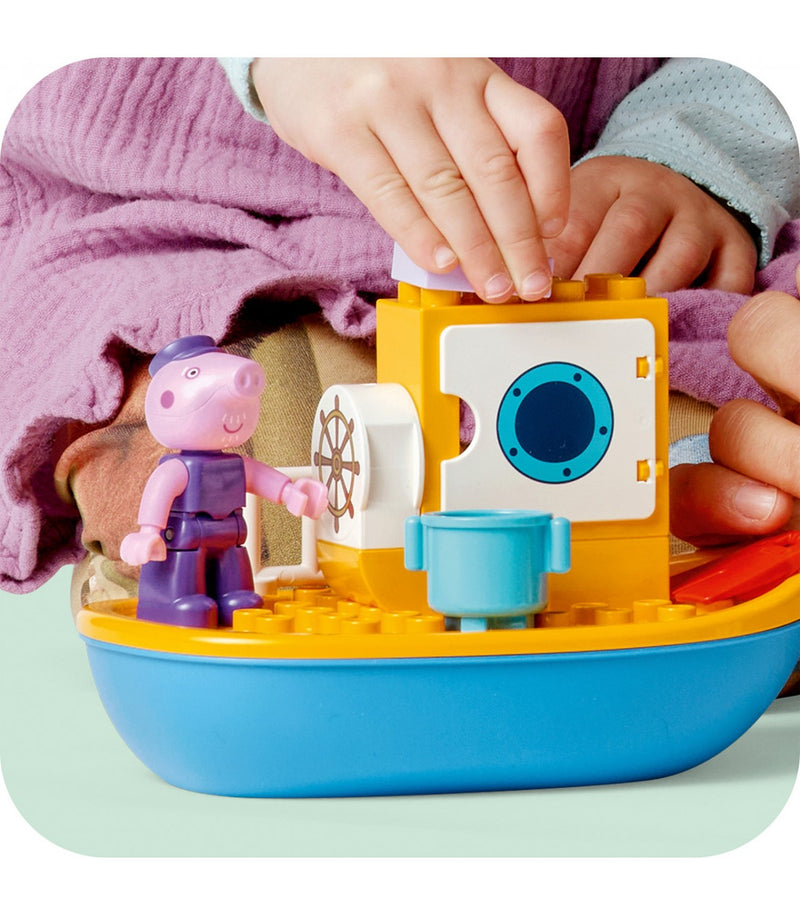 Set LEGO DUPLO Excursión en Barco de Peppa Pig, con figuras de Abuelo Pig y Peppa Pig, barco flotante, accesorios de playa y más.