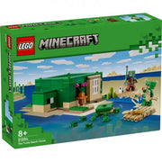 Vista frontal del set LEGO Minecraft 21254 montado, con la casa con forma de tortuga, figuras