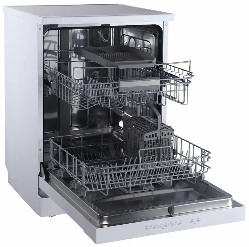 Lavavajillas Midea serie 200 con puerta abierta mostrando las cestas y la tercera bandeja deslizante