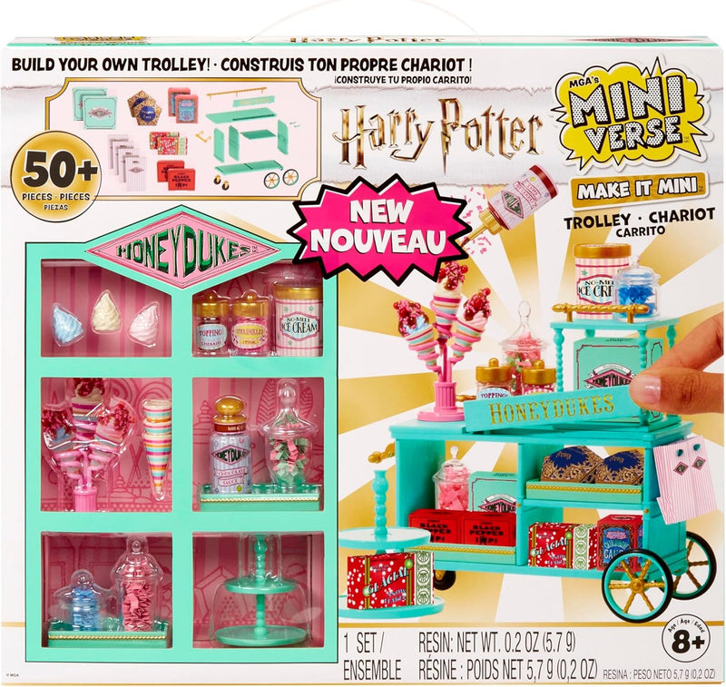 MGA's Miniverse Mini Harry Potter Honeydukes Playset con más de 50 piezas para construir carrito de golosinas mágicas, incluye ingredientes para crear No Melt Ice Cream exclusivo con resina UV y accesorios temáticos de Honeydukes
