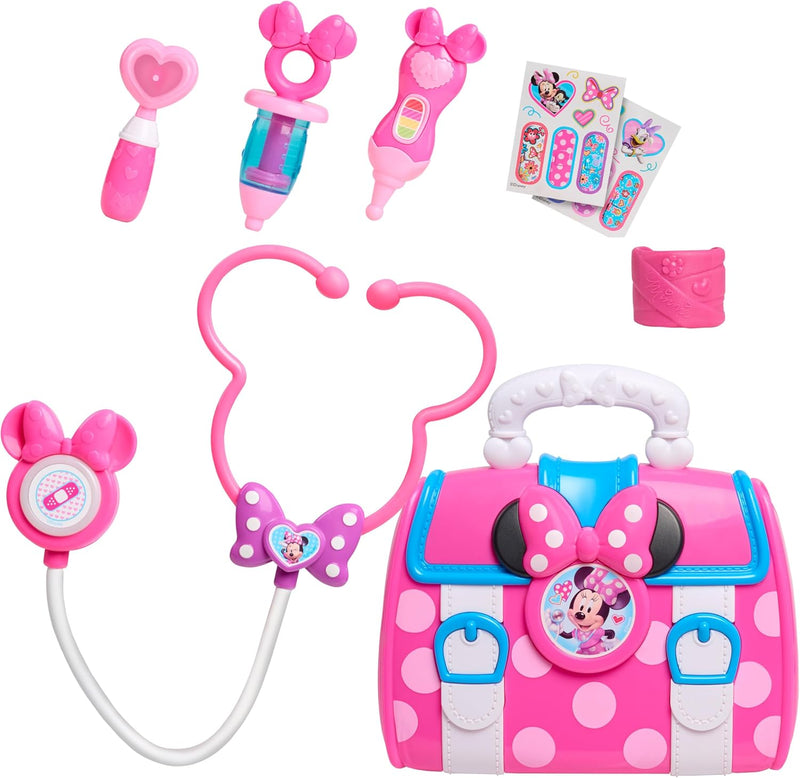 Maletín de doctora Minnie Mouse Bow-Care Doctor Bag Set de Disney con accesorios médicos, estetoscopio y termómetro en colores rosa y blanco con lazos y lunares, juguete de rol para niñas a partir de 3 años
