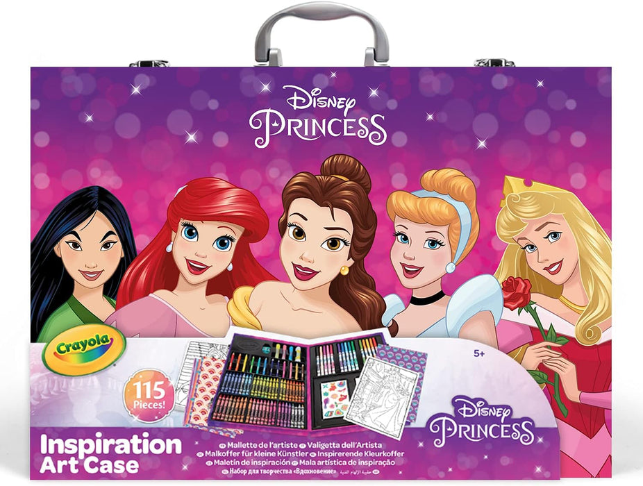 Maletín del artista Princesas Disney, de la marca Crayola, con 115 piezas, incluyendo rotuladores, ceras, lápices, pegatinas y más. Ideal para niños creativos.