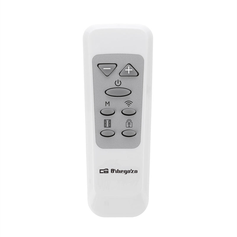 Mando a distancia del emisor térmico Orbegozo RRW con botones de control de temperatura, programación y funciones especiales
