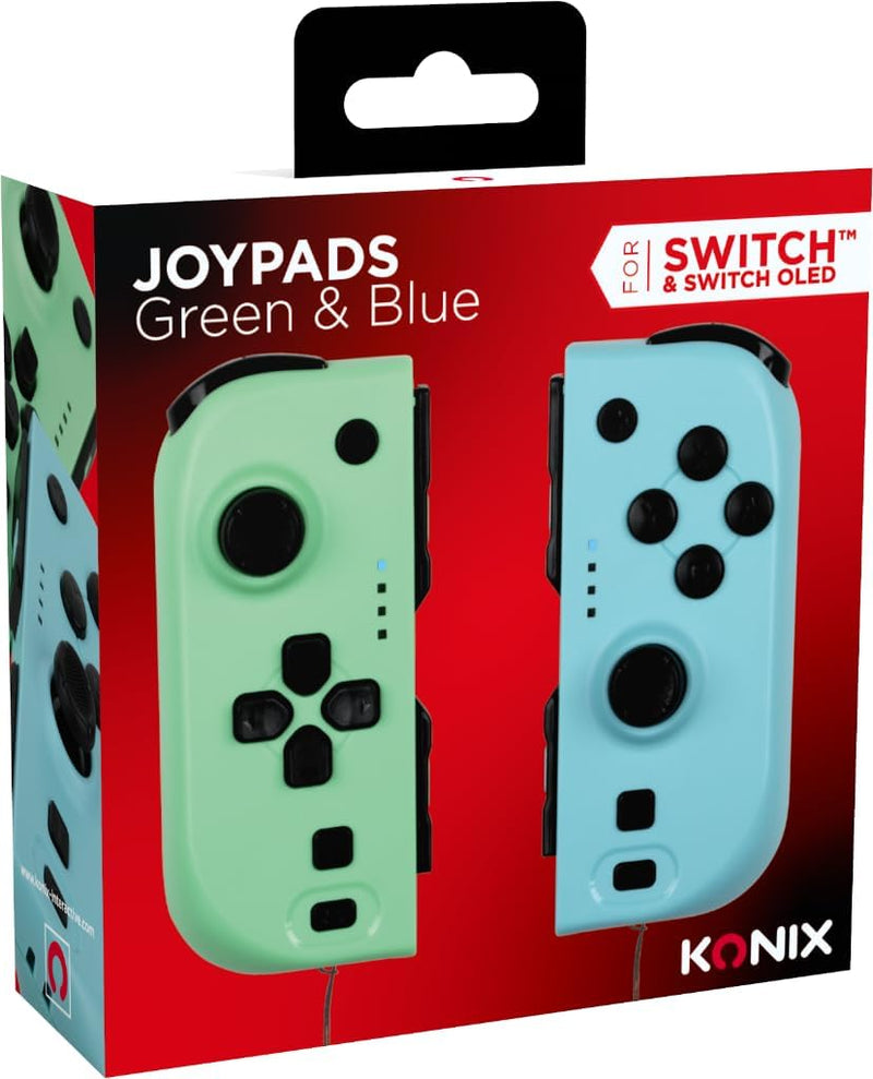 Mandos Konix para Nintendo Switch en colores verde y azul vibrantes con diseño ergonómico, joysticks analógicos y todos los botones funcionales para gaming inalámbrico
